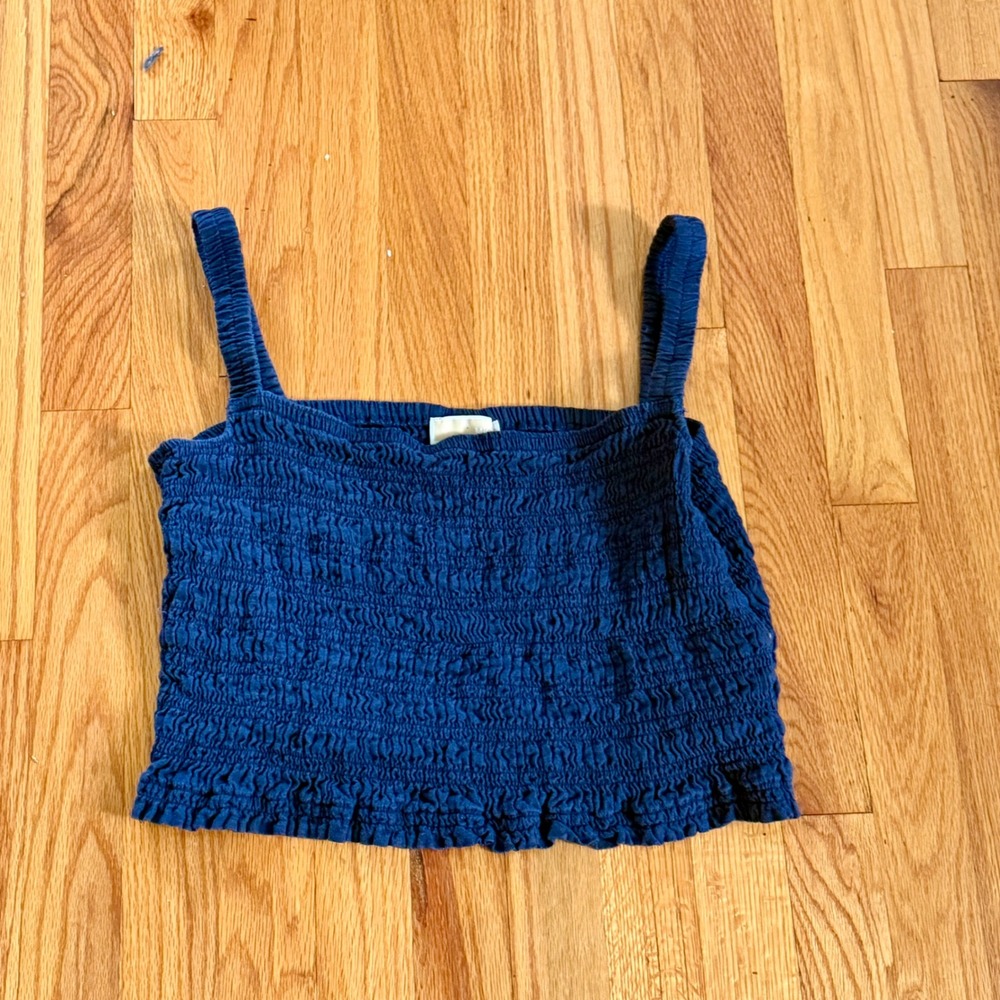 Michael Kors Smocked Linen Blend Crop Cami Top XL Blue Ruffle Hem Tank